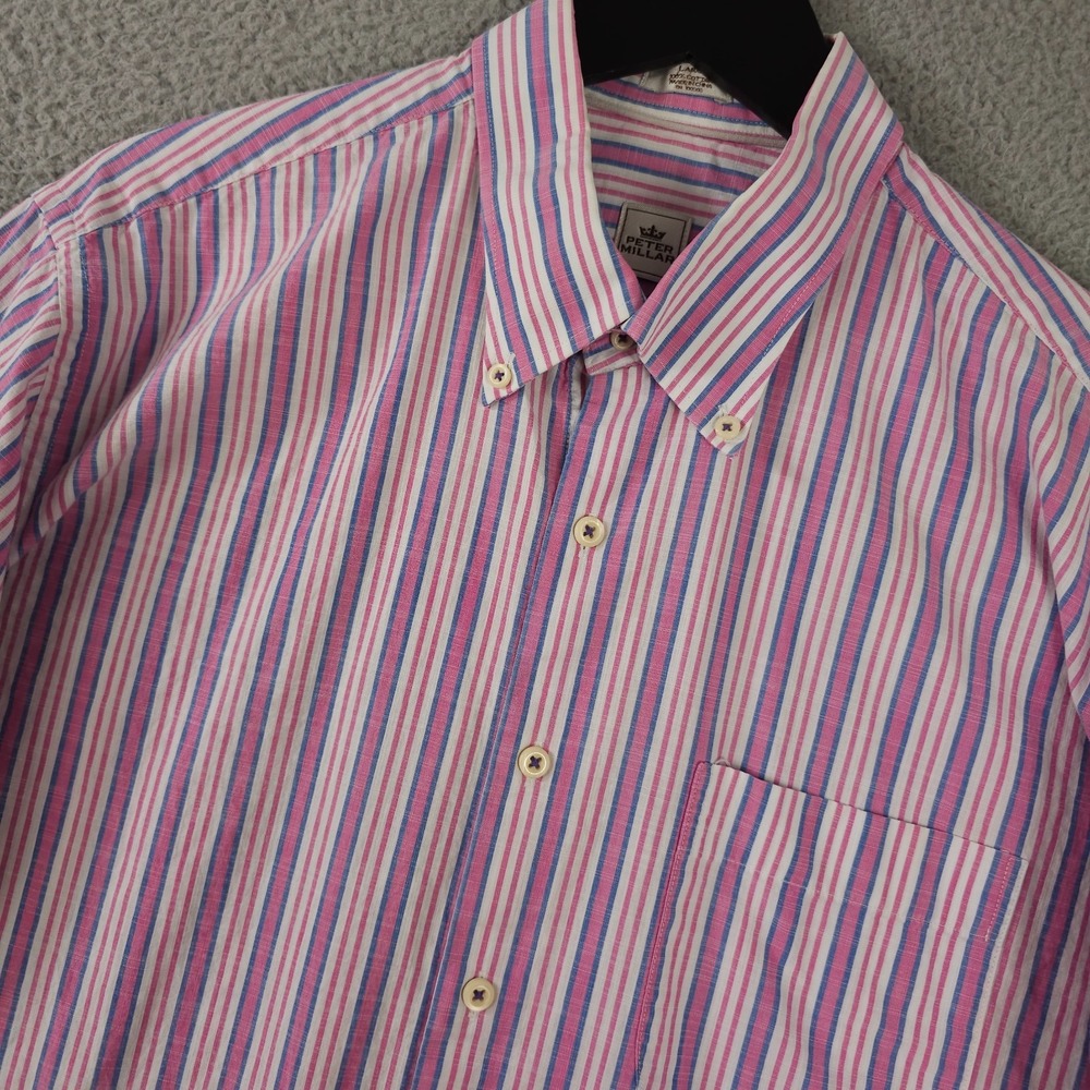 Peter Millar Shirt Mens Large Pink Blue Striped Short Sleeve Button Down Preppy
